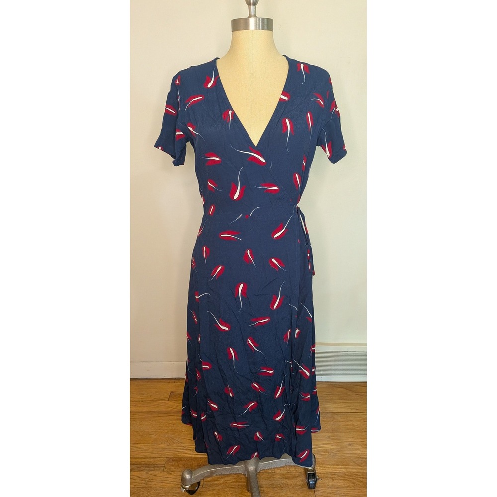With Jean Navy Blue Wrap Midi Dress Red Abstract Floral Small Career Casual